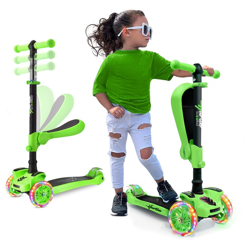 Hurtle 3 Wheeled Scooter for Kids - 2-in-1 Sit/Stand Child Toddlers Toy Kick Scooters w/ Flip-out Seat, Adjustable Height, Wide Deck, Flashing Wheel Lights, For Boys/Girls 1 Year Old+ (Green)