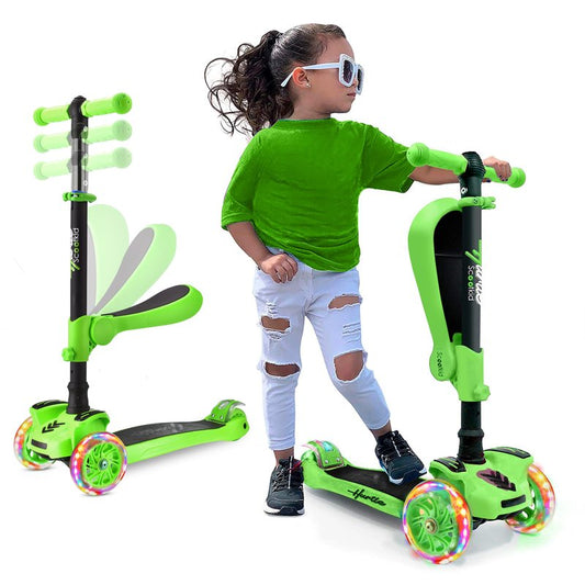 Hurtle 3 Wheeled Scooter for Kids - 2-in-1 Sit/Stand Child Toddlers Toy Kick Scooters w/ Flip-out Seat, Adjustable Height, Wide Deck, Flashing Wheel Lights, For Boys/Girls 1 Year Old+ (Green)