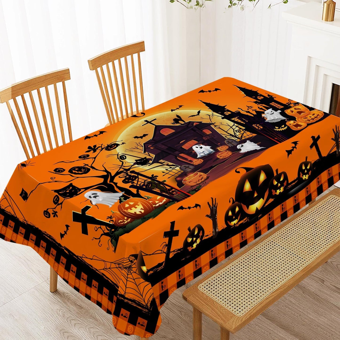 Hexagram Halloween Tablecloth Rectangle Pumpkin Tablecloths 60 x 84 inches Castle Ghost Table Cloth