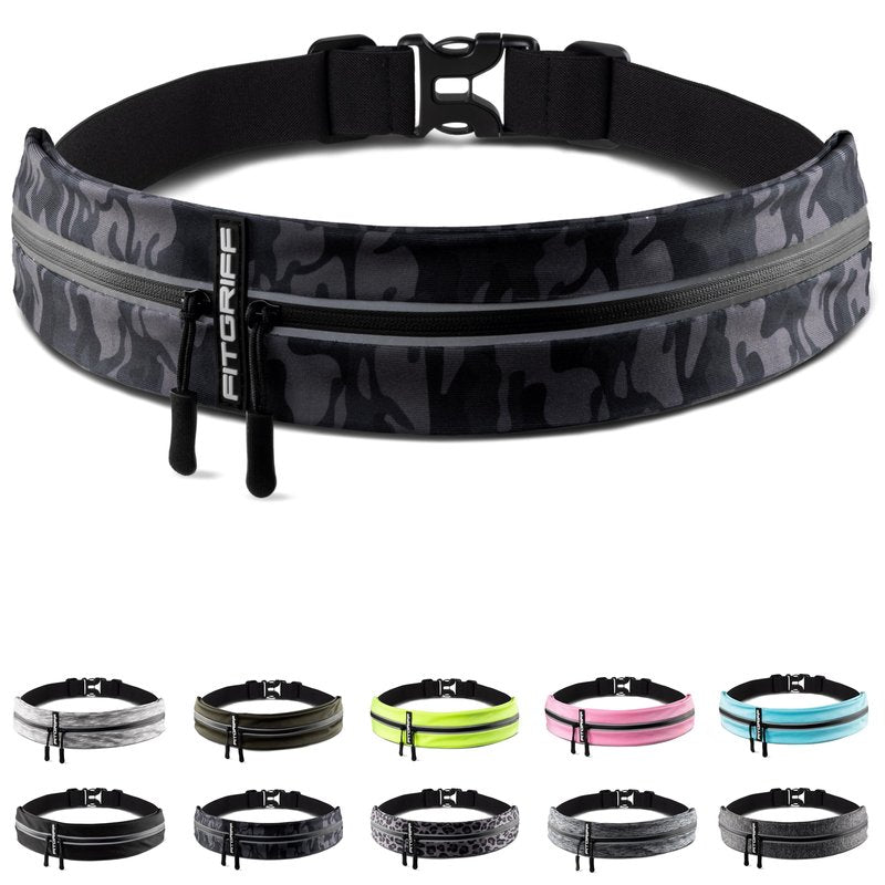 Fitgriff® Running Belt for Men & Women - Secure Jogging Pouch for Phone, Keys & Essentials - For All Cell Phones (Camo-Black, 24.5" - 35.5" Waist Size)