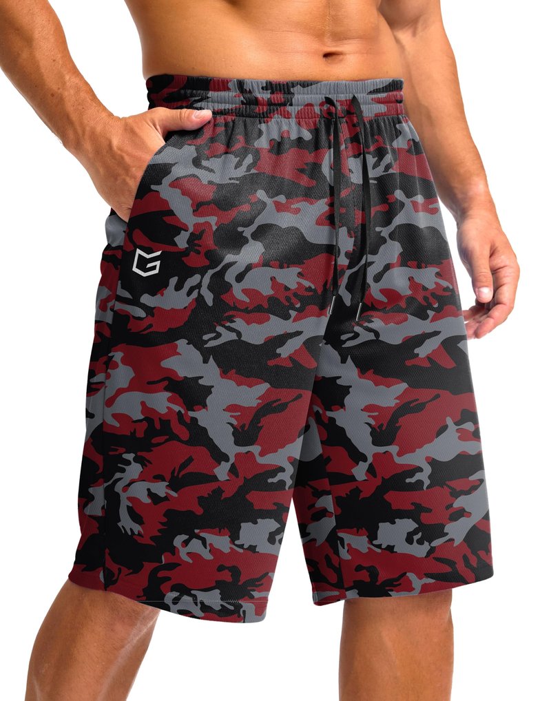 G Gradual Men's Athletic Shorts with Pockets 9" / 11" Long Basketball Shorts Lightweight Quick Dry Gym Workout Shorts for Men(Red Camo,XXXL)