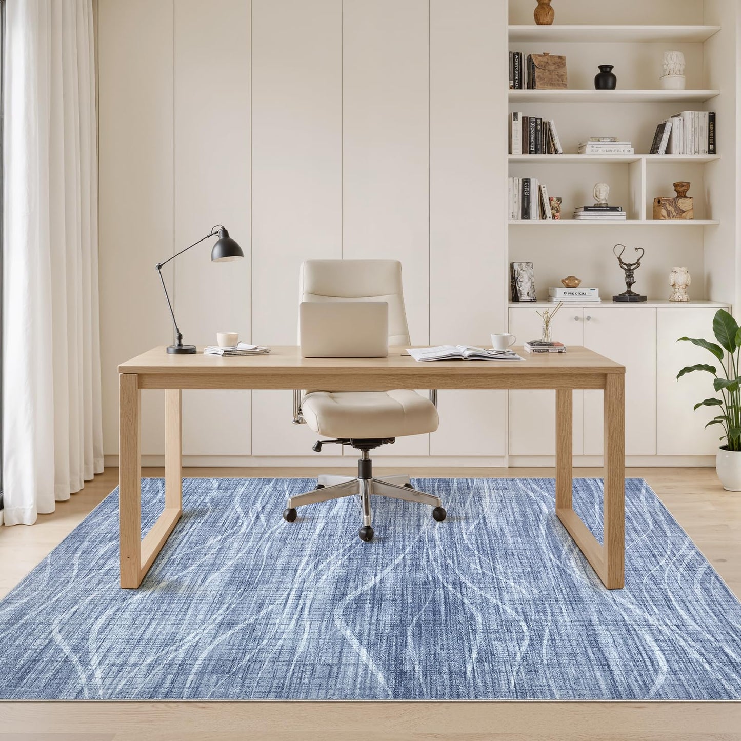 WITSHOCK 9x12 Area Rug, Washable Rugs for Living Room, Large Rug Thin Carpet Non Slip Stain Resistant Soft Carpets, Modern Wave Striped Rugs for Bedroom Dining Room Office Kitchen Nursery, Blue