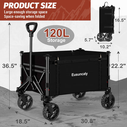 Eusuncaly Collapsible Wagon with Wheels, Wagons Carts Foldable, Heavy Duty Folding Utility Cart for Grocery, Camping, Shopping, Sports, Garden, Fishing, Black