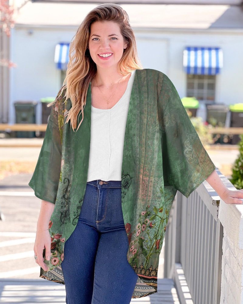 Women's Floral Print Puff Sleeve Kimono Cardigan Loose Cover Up Casual Blouse Tops(Army Green Floral,3XL)