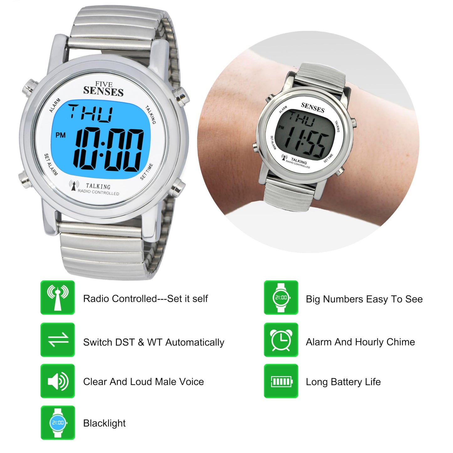 FIVE SENSES Atomic! Talking Watch - Sets Itself Senses Metal Easy-to-Read Talking Watch (Silver)