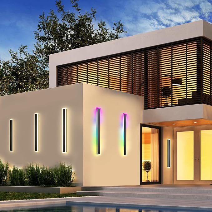 Outdoor RGB Long Wall Lights, 31.5inch 2 Pack RGB/Warm/White Dimmable Modern Led Wall Lighting, Ip65 Waterproof Long Wall Sconce with Remote and APP Control for Outdoor/Indoor