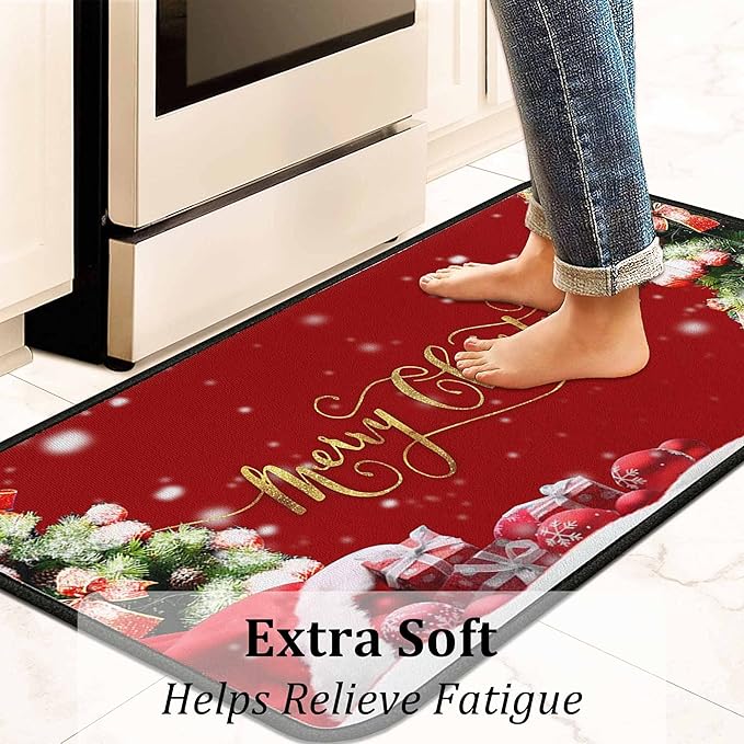 Christmas Kitchen Rugs 2 PCS, Merry Christmas Kitchen Rug, Non Skid Washable Padded Soft Comfort Kitchen Rugs Set (17"x47"+17"x30",Merry Christmas)