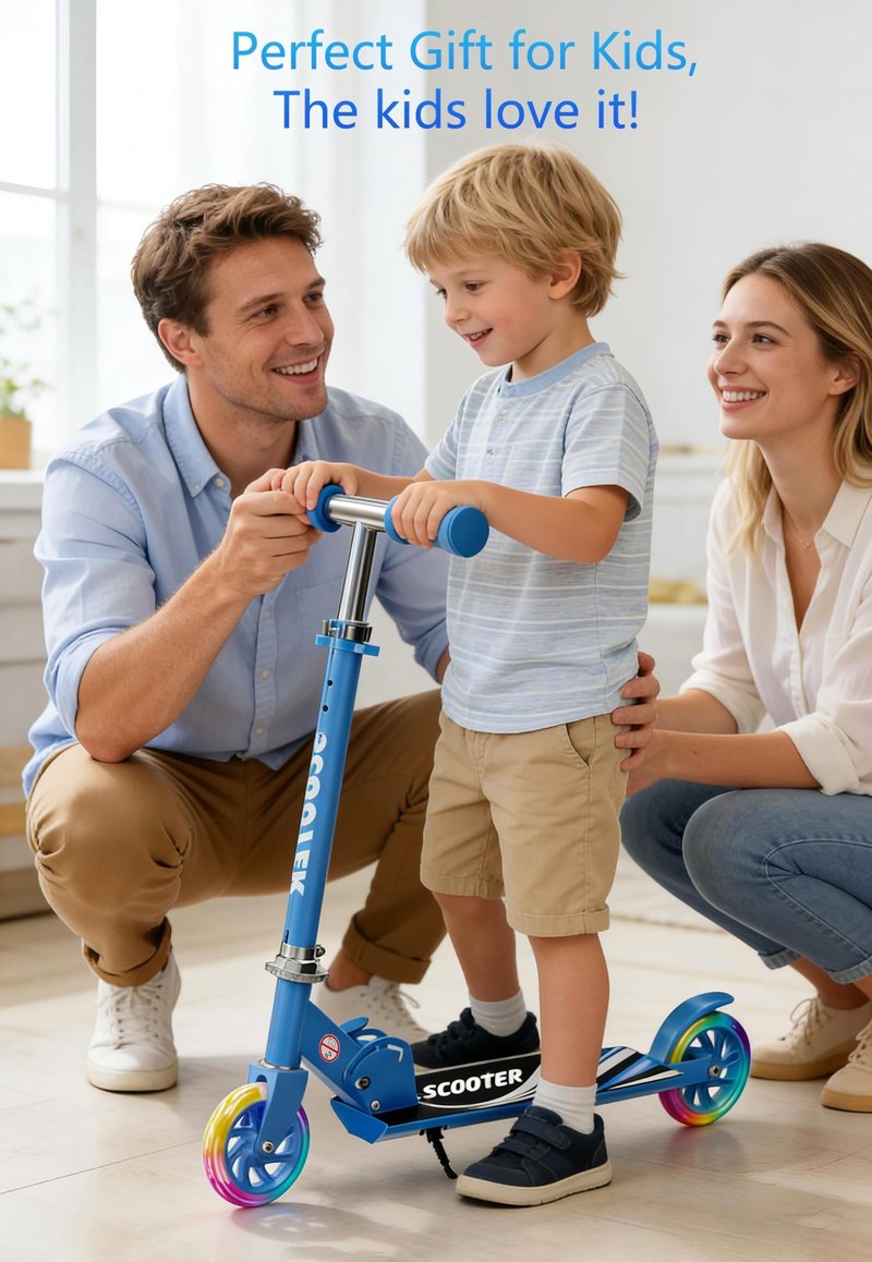 Scooter for Kids Ages 3+, Kids Kick Scooter with Led Light Up, Girly Pink Scooter with 3 Levels Adjustable, Lightweight Foldable Scooter for Boys&Girls Christmas Birthday Gift