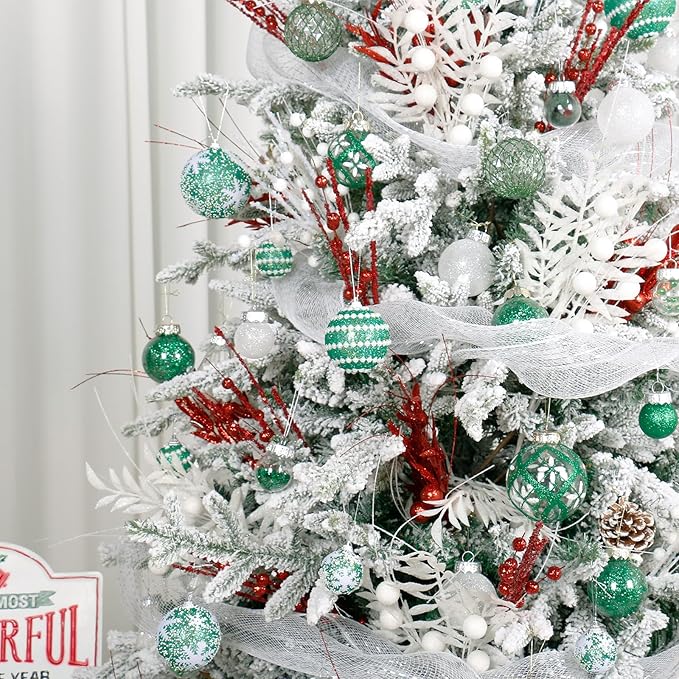 Super Holiday Christmas Ball Ornaments, 33PCS Green Clear Shatterproof Plastic Foam Ornaments Set for Hanging Xmas Tree Holiday Thanksgiving Party Decor.