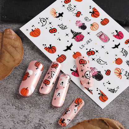 Halloween Nail Art Stickers Cute Ghost Pumpkin 3D Self-Adhesive Nail Decals Bat Cat Skull Designs Nail Decorations Halloween DIY Manicure Supplies for Women Girls&Kids 6Pcs