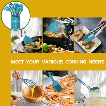 15 Pcs Silicone Cooking Utensils Kitchen Utensil Set - Umite Chef 446°F Heat Resistant Stainless Steel Handles Kitchen Gadgets Tools Set for Nonstick Cookware(Blue)