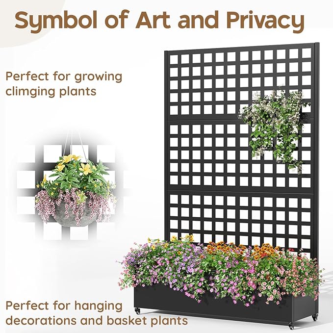 Metal Raised Garden Bed with Trellis & Wheels,72" x 47"x 15.7" Planter Box with Trellis,Privacy Planters for Patio,Garden Bed for Climbing Plants,Suitable for Climbing Plants and Vegetables,Black