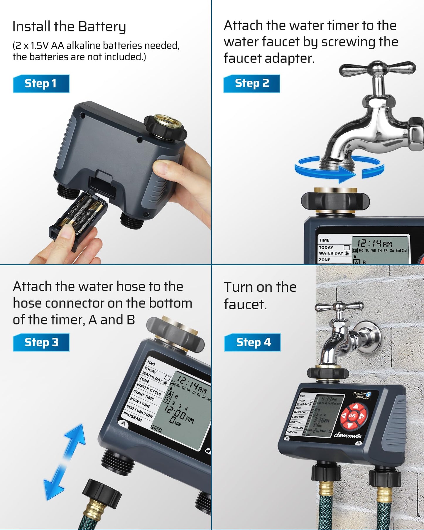 DEWENWILS Sprinkler Timer 2 Zone, Water Timer for Garden Hose, Programmable Hose Timer Faucet Watering with Automatic/Rain Delay/Manual Mode, Outdoor Irrigation Controller for Lawn, Yard