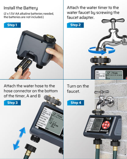 DEWENWILS Sprinkler Timer 2 Zone, Water Timer for Garden Hose, Programmable Hose Timer Faucet Watering with Automatic/Rain Delay/Manual Mode, Outdoor Irrigation Controller for Lawn, Yard