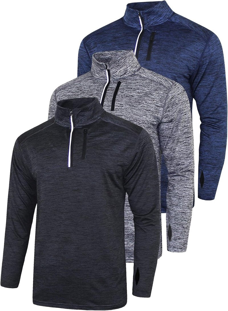 Men’s Quarter-Zip Pullover Jackets - Lightweight Long Sleeve Athletic Shirts for Performance & Running | 3-Pack