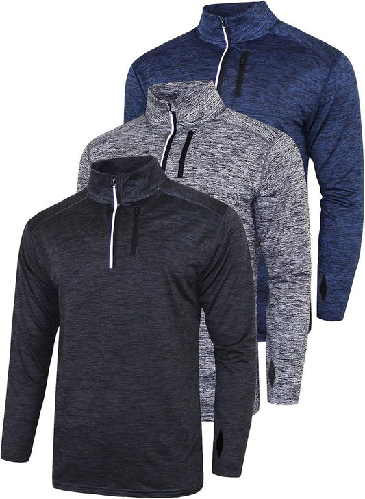 Men’s Quarter-Zip Pullover Jackets - Lightweight Long Sleeve Athletic Shirts for Performance & Running | 3-Pack