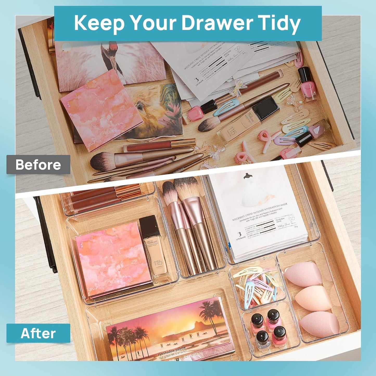 Vtopmart 25 Pack Drawer Organiser, 4-Size Makeup Organizer Trays for Vanity, Bathroom, Desk, Office, Bedroom