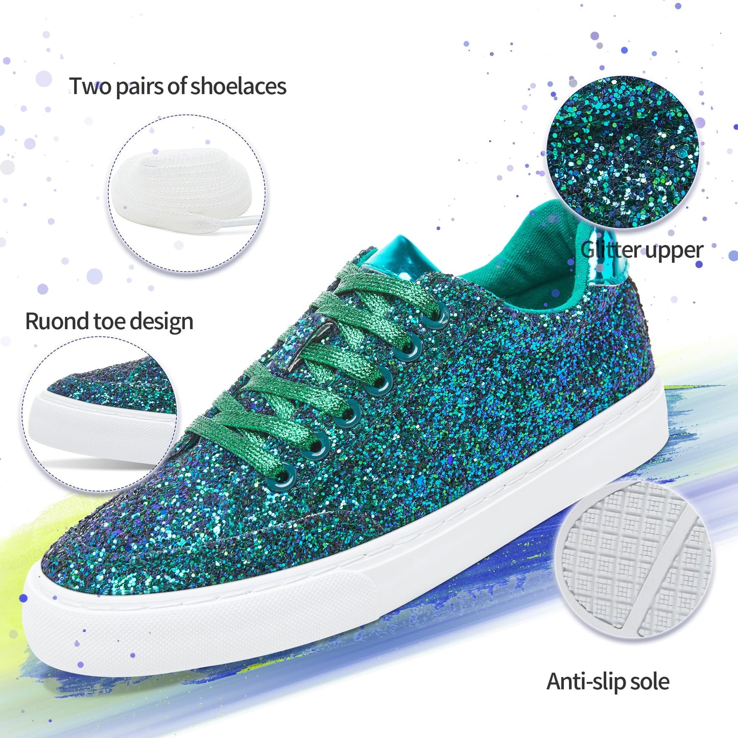 Jeekopeg Glitter Sparkly Fashion Sneakers Shoes Shiny Casual Shoes Bling Sequin Concert Low Cut Lace up Shoes(Green Glitter,8 Women/6.5 Men)