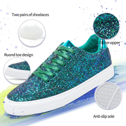 Jeekopeg Glitter Sparkly Fashion Sneakers Shoes Shiny Casual Shoes Bling Sequin Concert Low Cut Lace up Shoes(Green Glitter,8 Women/6.5 Men)