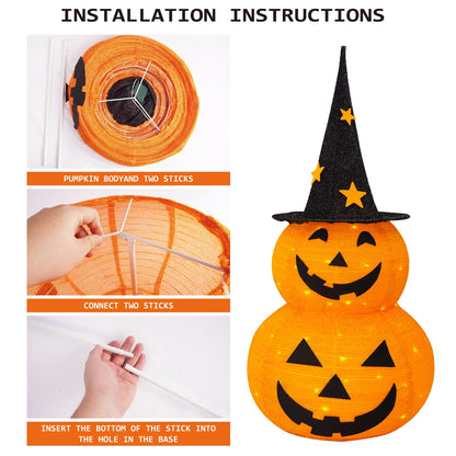 FUNPENY 3FT Halloween Collapsible Pumpkin Decorations, Pre-Lit Light Up 50 LED Pumpkin with Star Hat 8 Lighted Mode, Pop Up Jack-o-Lantern with Metal Stand for Indoor Outdoor Yard Holiday Decor