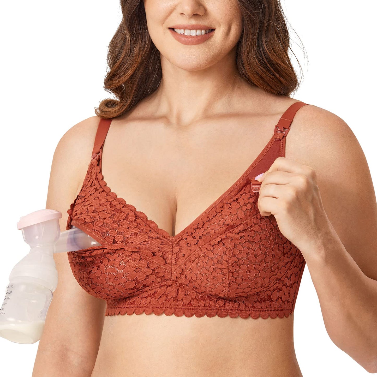 MOMANDA Women's Pumping Bra Hands Free Cute Lace Support Nursing Bras for Maternity Breast Pumpkin 38D