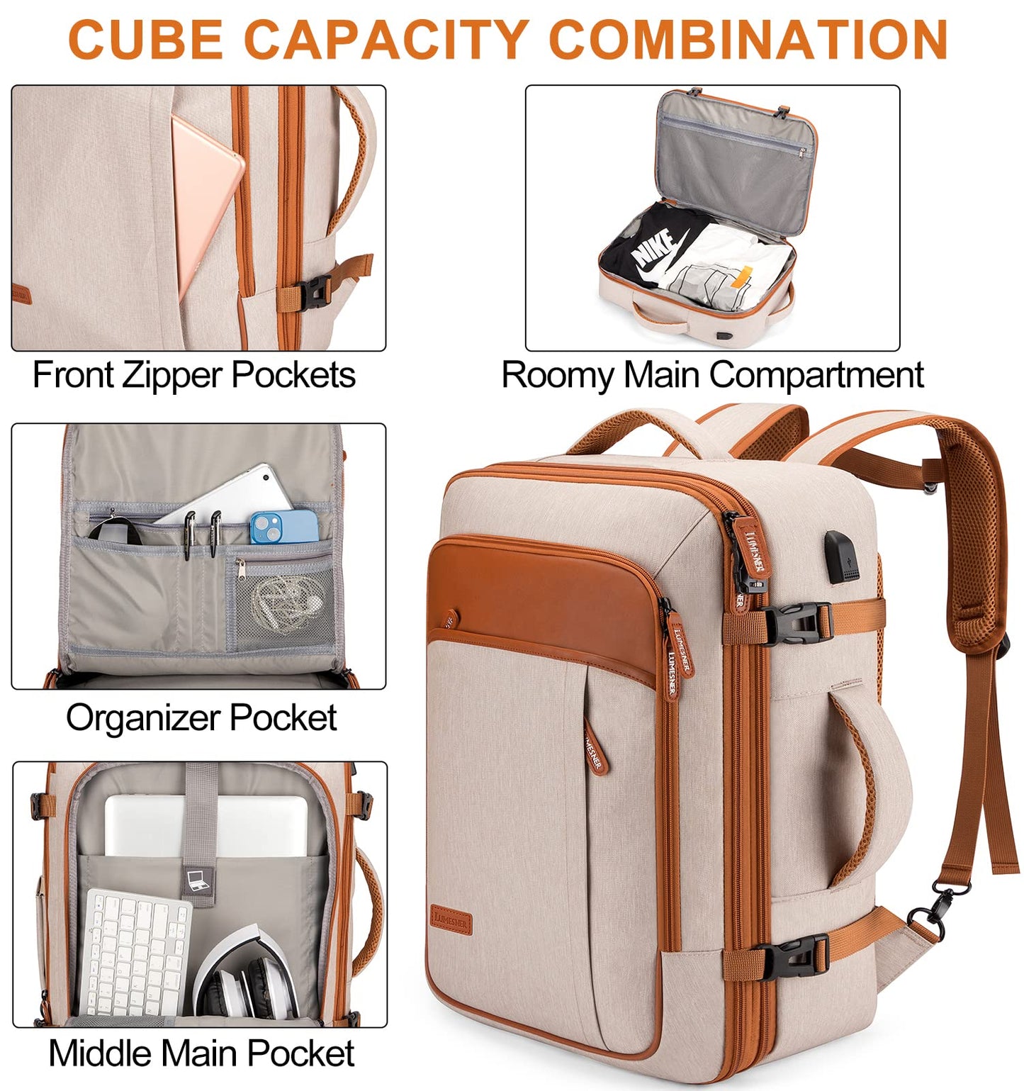 Carry on Travel Backpacks, Extra Large 40L Flight Approved Bag for Men & Women,Expandable Suitcase Backpack With 4 Packing Cubes,Water Resistant Luggage Daypack Business Weekender Bag,Beige