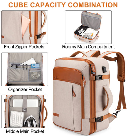 Carry on Travel Backpacks, Extra Large 40L Flight Approved Bag for Men & Women,Expandable Suitcase Backpack With 4 Packing Cubes,Water Resistant Luggage Daypack Business Weekender Bag,Beige