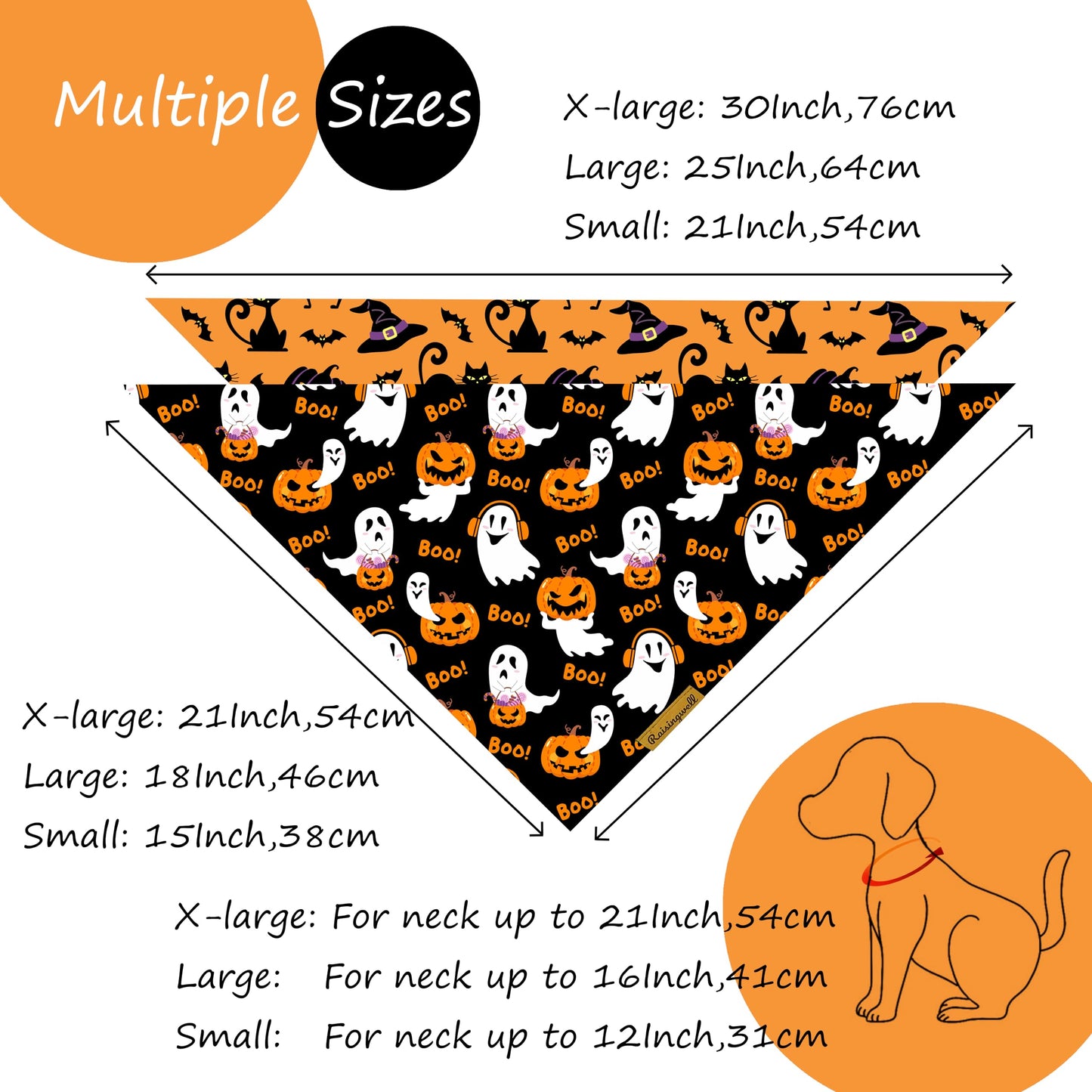 Raisingwell Halloween Dog Bandanas - 2 Pack Bat & Pumpkin Pattern Dog Bibs - Reversible, Washable & Durable - Suitable for Small to X-Large Breeds - Unisex
