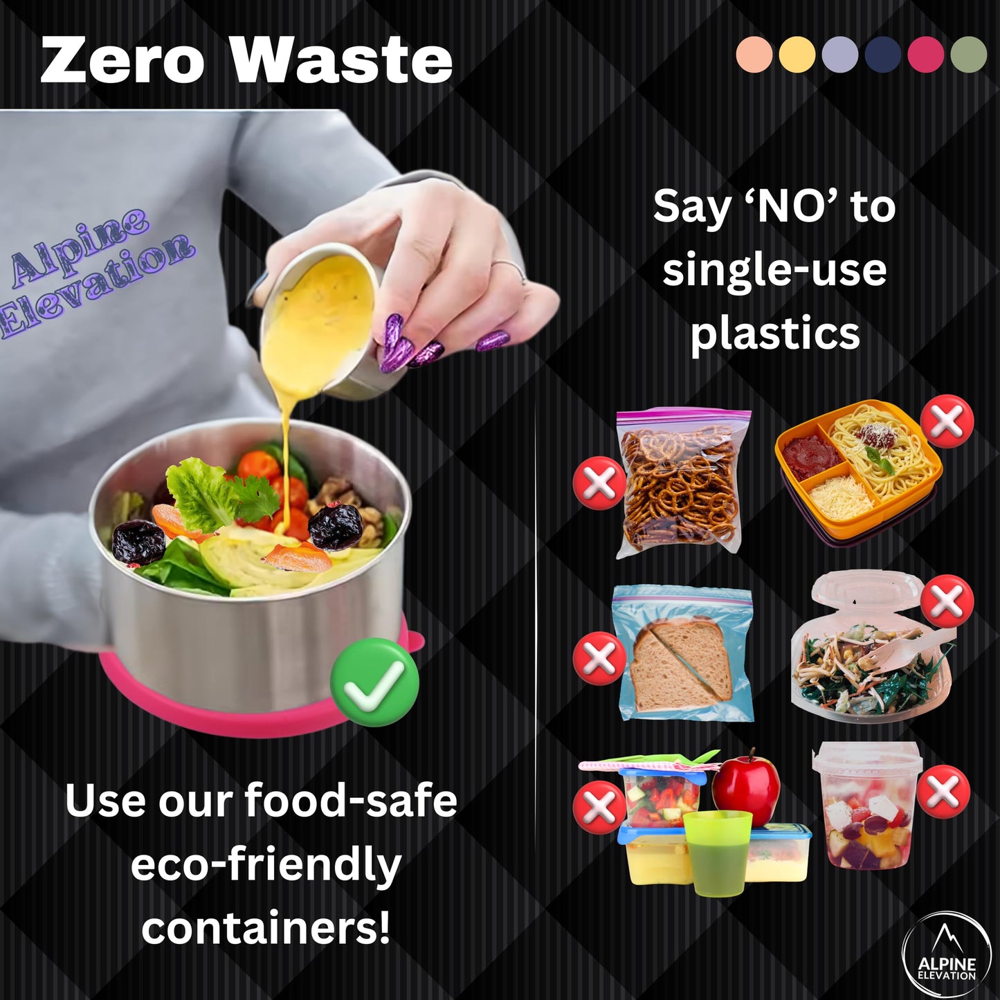 Alpine Elevation 12 Pcs - 6 Stainless Steel Containers + 6 Silicone Lids | 304 Stainless Steel Snack Container | Nesting Snack and Dip Containers | Metal Food Storage