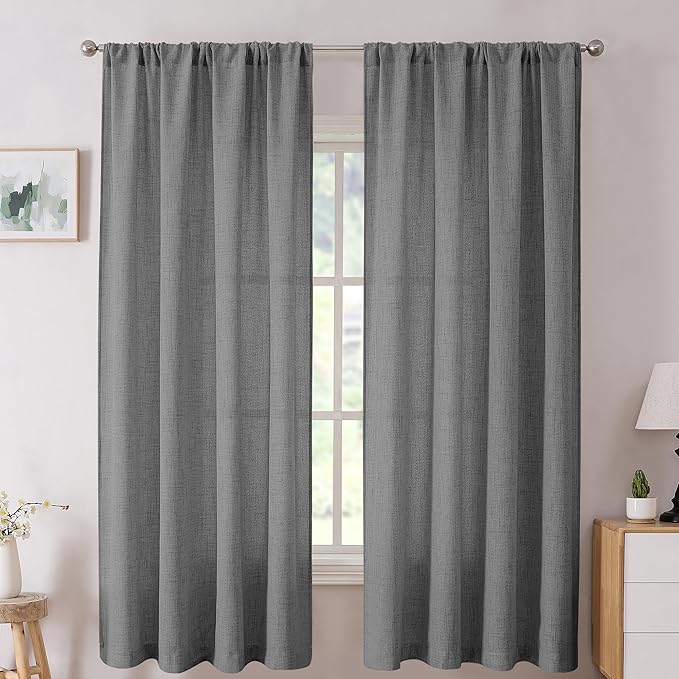 Tollpiz Short Linen Curtain Living Room Rod Pocket Semi Sheer Curtains Burlap Light Filtering Thick Linen Drape for Bedroom, 54 x 45 inches Long, Dark Grey, Set of 2 Panels