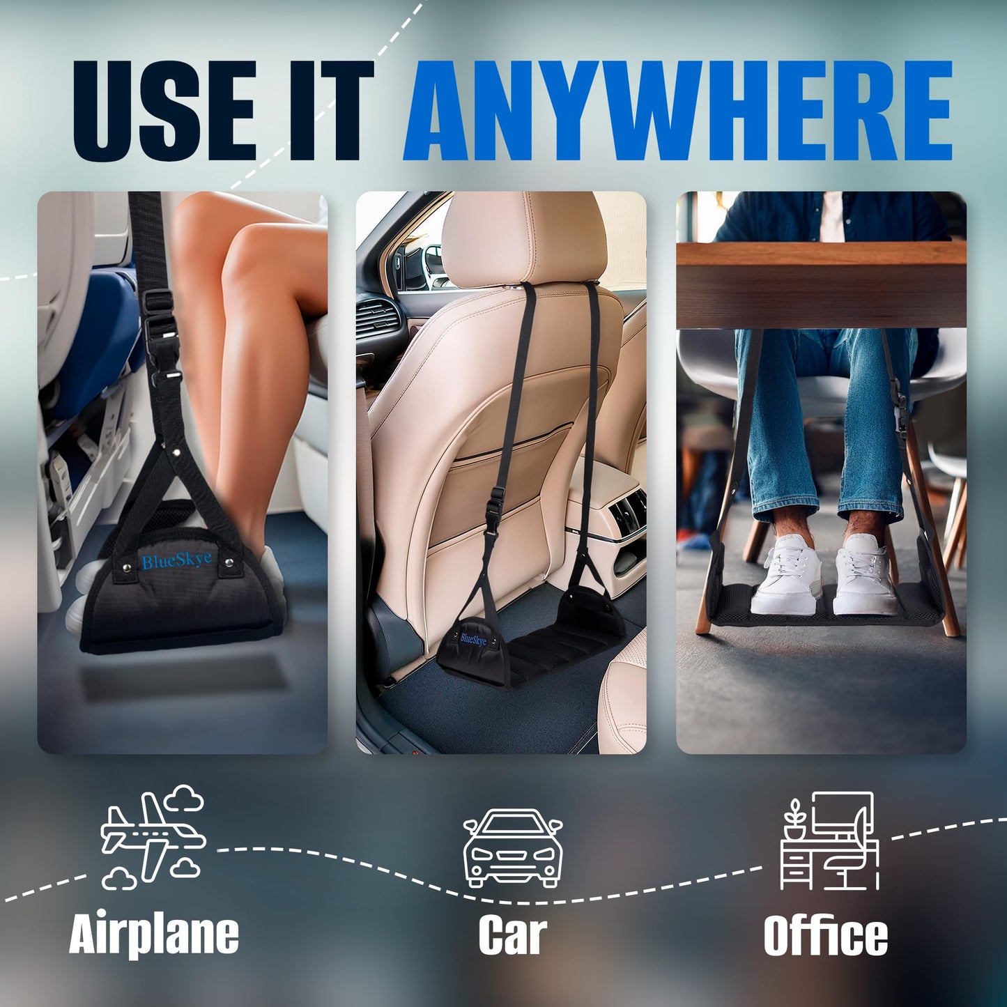 Flat Travel Foot Rest Portable Adjustable Folding Hanging Foot Hammock - for Airplane, Office, Under Desk, Car, Home Relaxing Soft Padded in Flight Anti Swelling - by BlueSkye