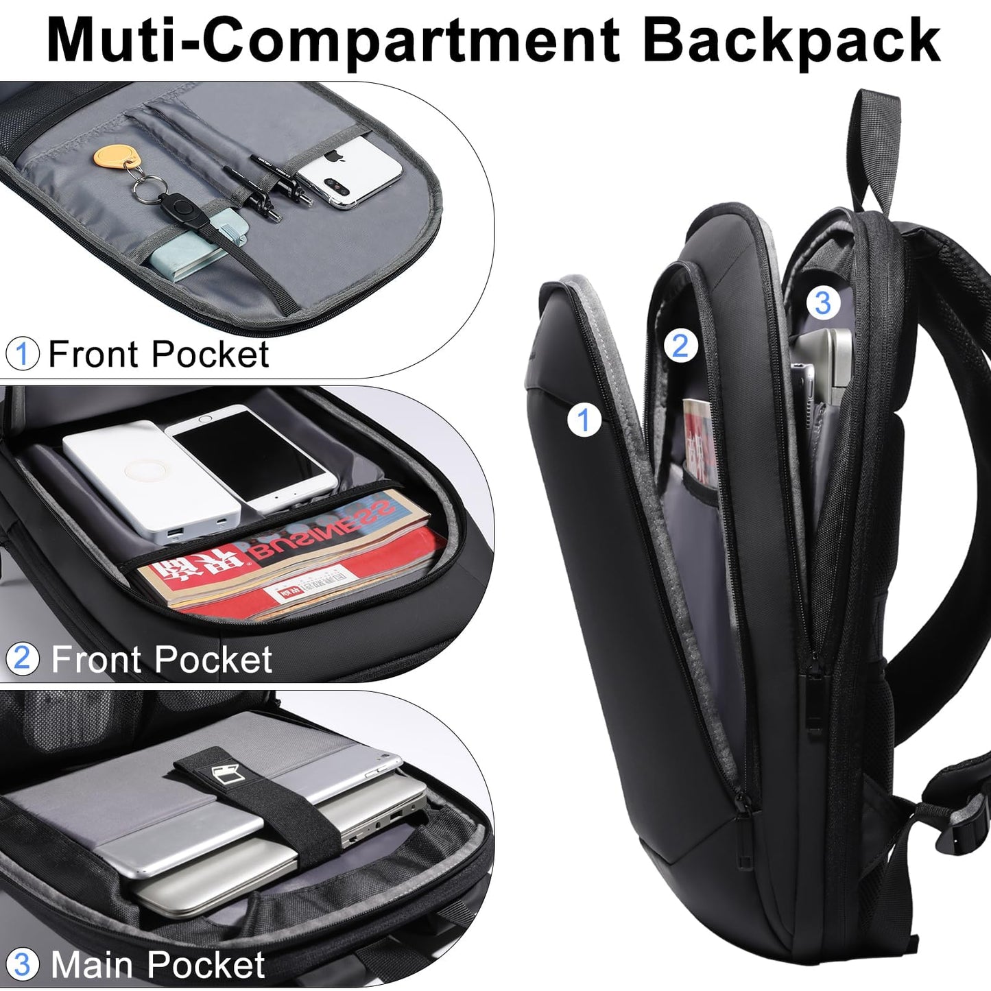 HEROIC KNIGHT Slim Laptop Backpack, Expandable Business Travel Backpack, Water-Resistant Anti Theft Laptop Rucksack, Lightweight Computer Work Bag Daypack For Men Women, Fits 15.6 Inch- Black