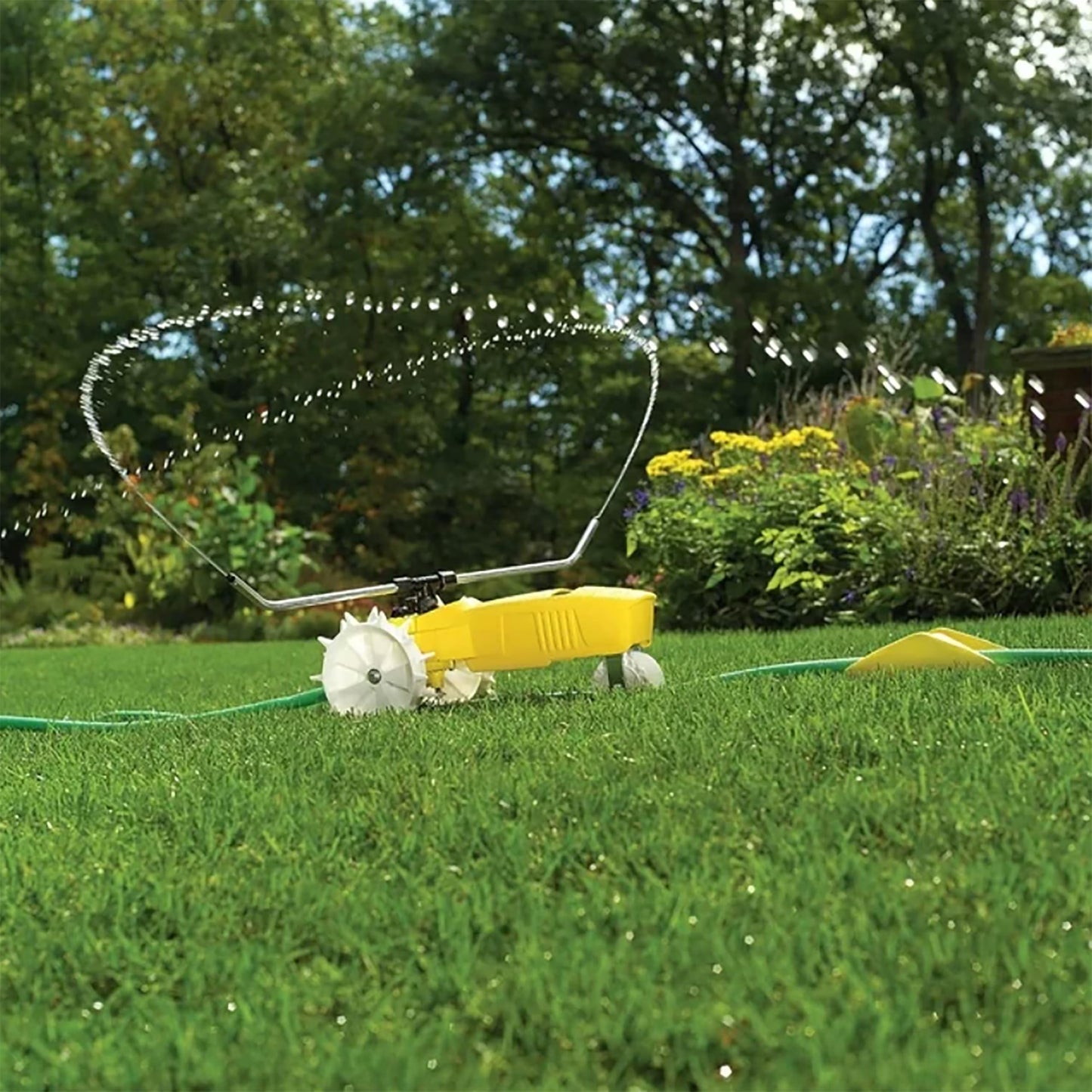 Nelson Rain Train Traveling Sprinkler for Yard, Heavy Duty Rotating Lawn Sprinkler with Large Area Coverage, Yellow
