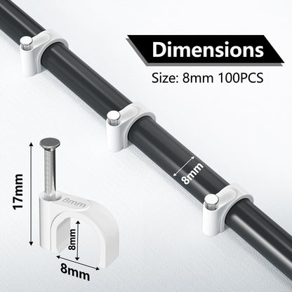 Jadaol Cable Clips 100Pcs 8mm Nail in Clips for Round Ethernet Cables Wall Clips Cable Tacks Electrical Wire TV Cable Speaker Wire Coax Clips Cable Nails for Cords Cat5/Cat5e/Cat6/Cat7 RJ45 Cord Clips