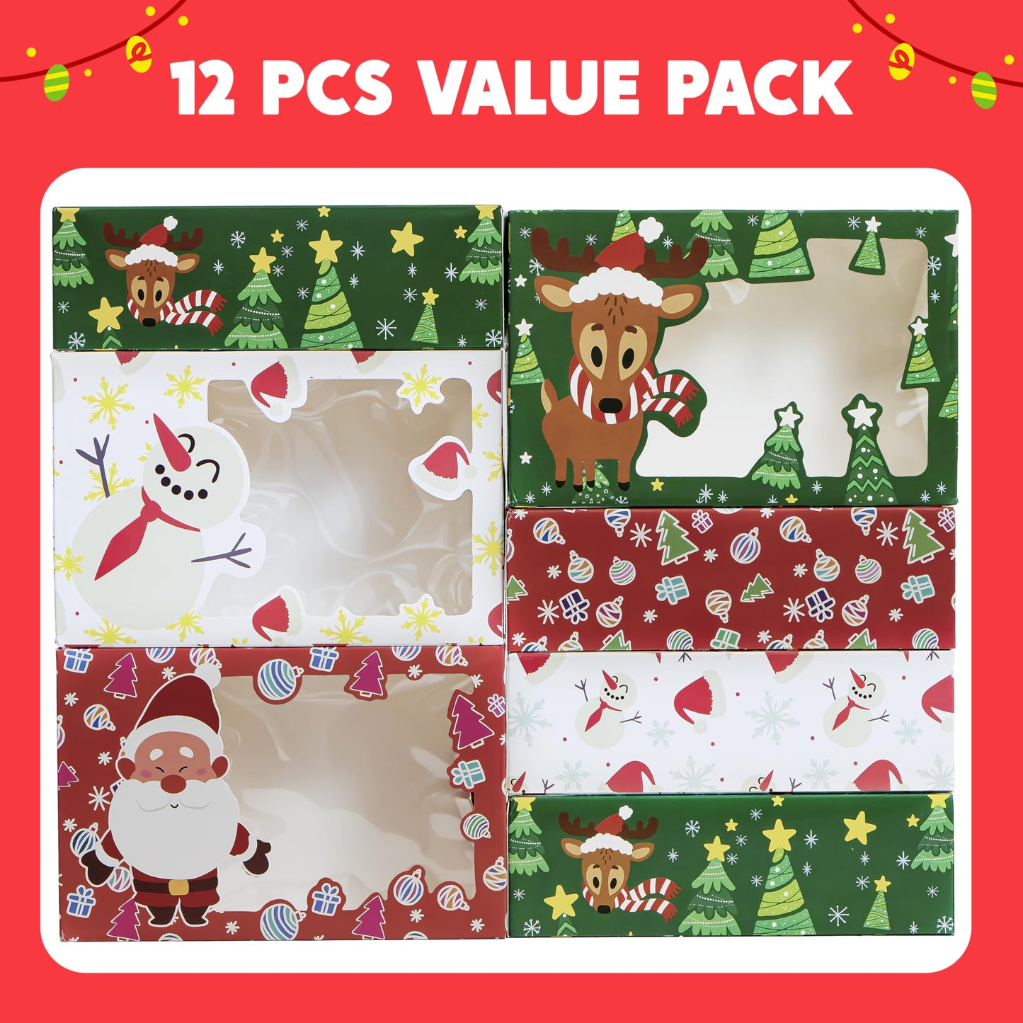JOYIN 24 PCS Christmas Foil Treats Cookie Gift Boxes (8.75" x 5.75" x 2.75") Colorful Pattern Bakery Box with Window for Xmas Holiday Birthday Party Pastries, Cupcakes, Brownies, Donuts Gift-Giving