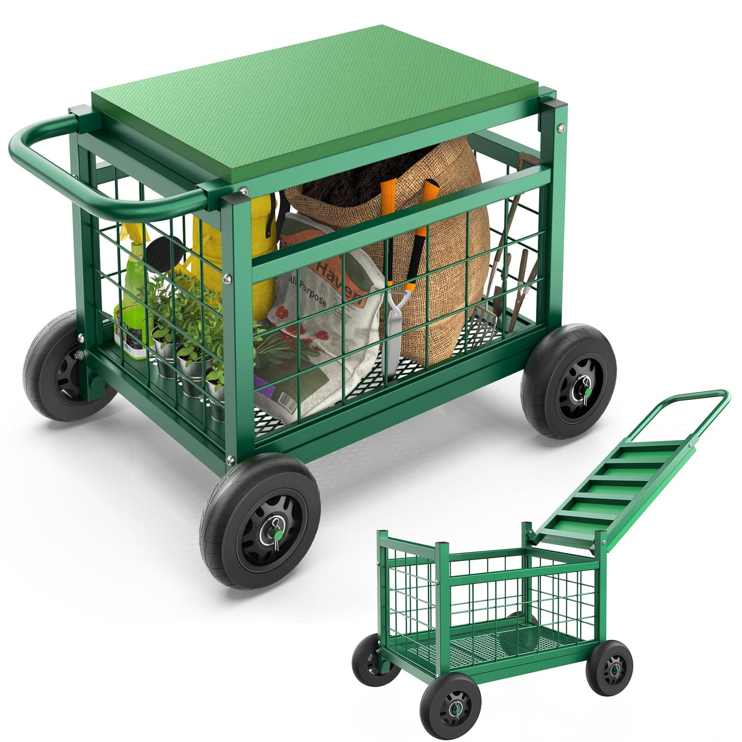 FLINTER Rolling Garden Work Seat with Wheels, Upgraded Heavy Duty Gardenning Cart with Seat - Garden Rolling Stools w/Wheels for Seniors