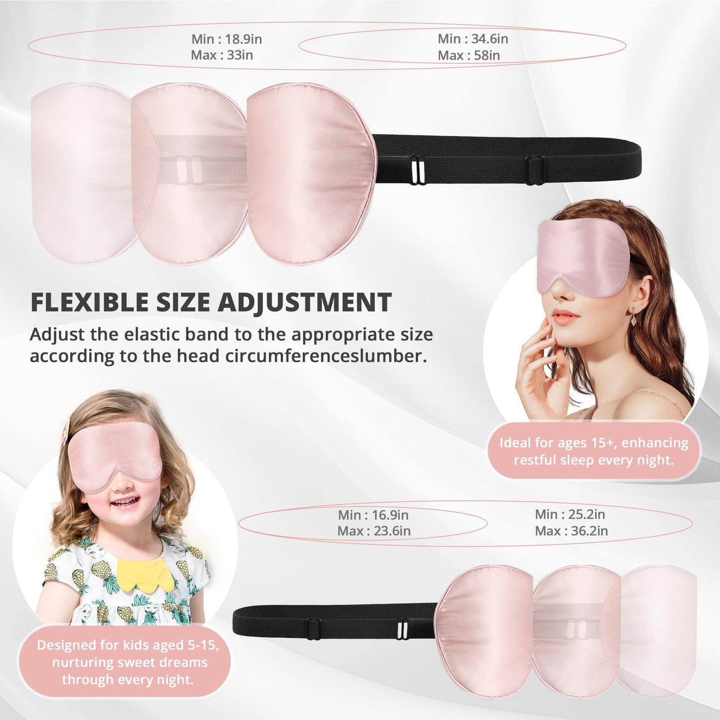 Kids Sleep Mask Eye Cover, 100% Real Natural Pure Silk Eye Mask with Adjustable Strap, Blindfold Kids Eye Mask for Sleeping, Eye Shade for Boys Girls and Adult, Pressure-Free Comfort (Black)