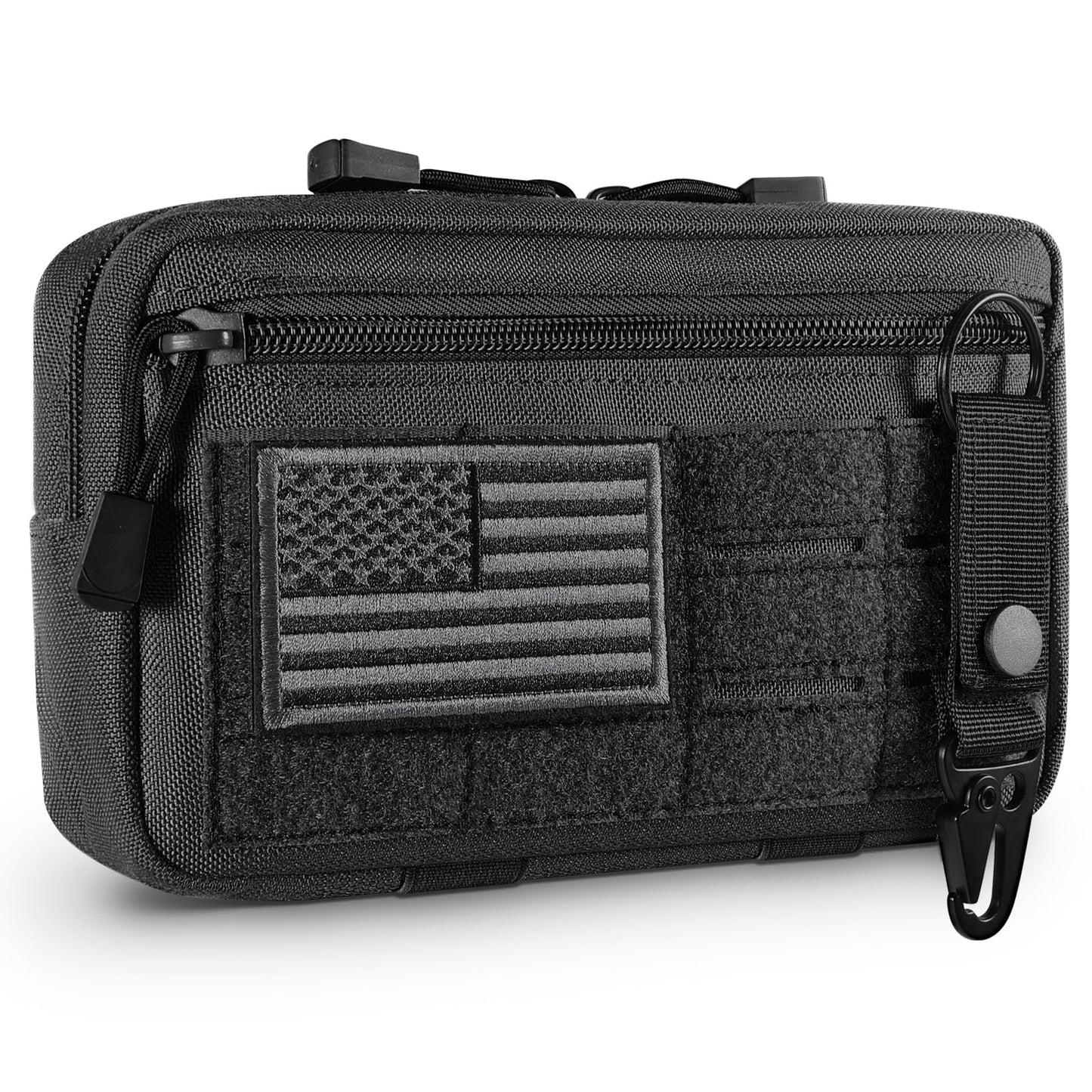 FRTKK Tactical Molle Admin Pouch Utility Laser Cut EDC Tool Pouch Bag Horizontal Modular Pouches Include US Flag Patch and Keychain (Black)