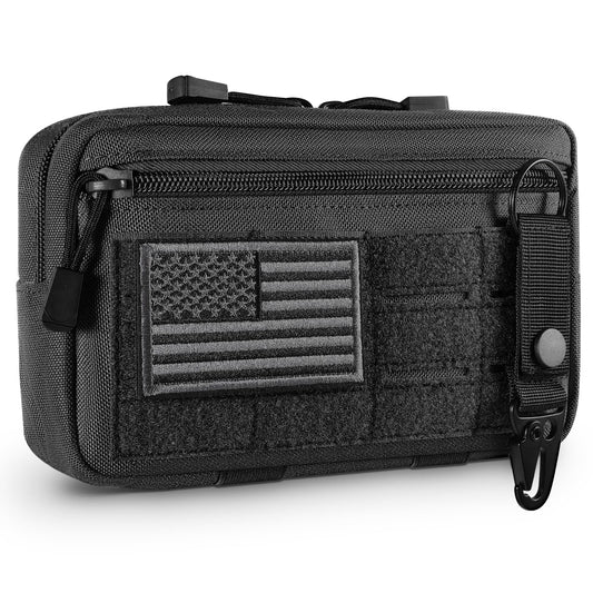 FRTKK Tactical Molle Admin Pouch Utility Laser Cut EDC Tool Pouch Bag Horizontal Modular Pouches Include US Flag Patch and Keychain (Black)