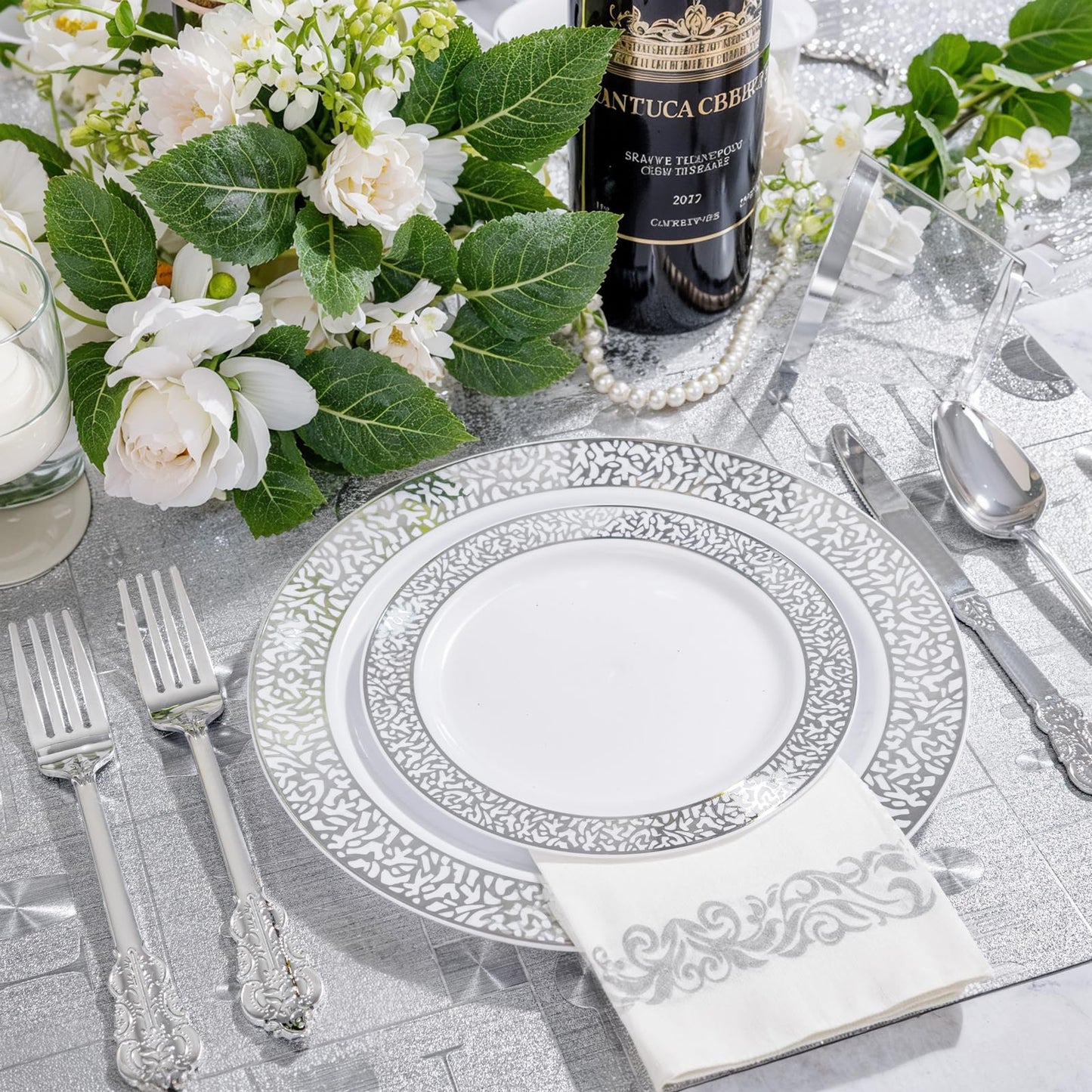 Festiva 350PCS Silver Plastic Dinnerware Set - Disposable Lace Silver Plates and Napkins Party Supplies - include plates,napkins,cups,silverware - Serve for 50 Guests Party&Wedding