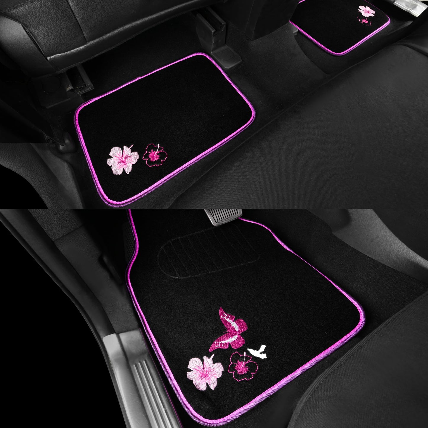 CAR PASS Universal Cloth Butterfly Car Seat Covers Full Set, Embroidered Flower Waterproof Car Floor Mats Carpet, Butterflies Steering Wheel Cover for Car Accessories Interior Sets (Black and Pink)