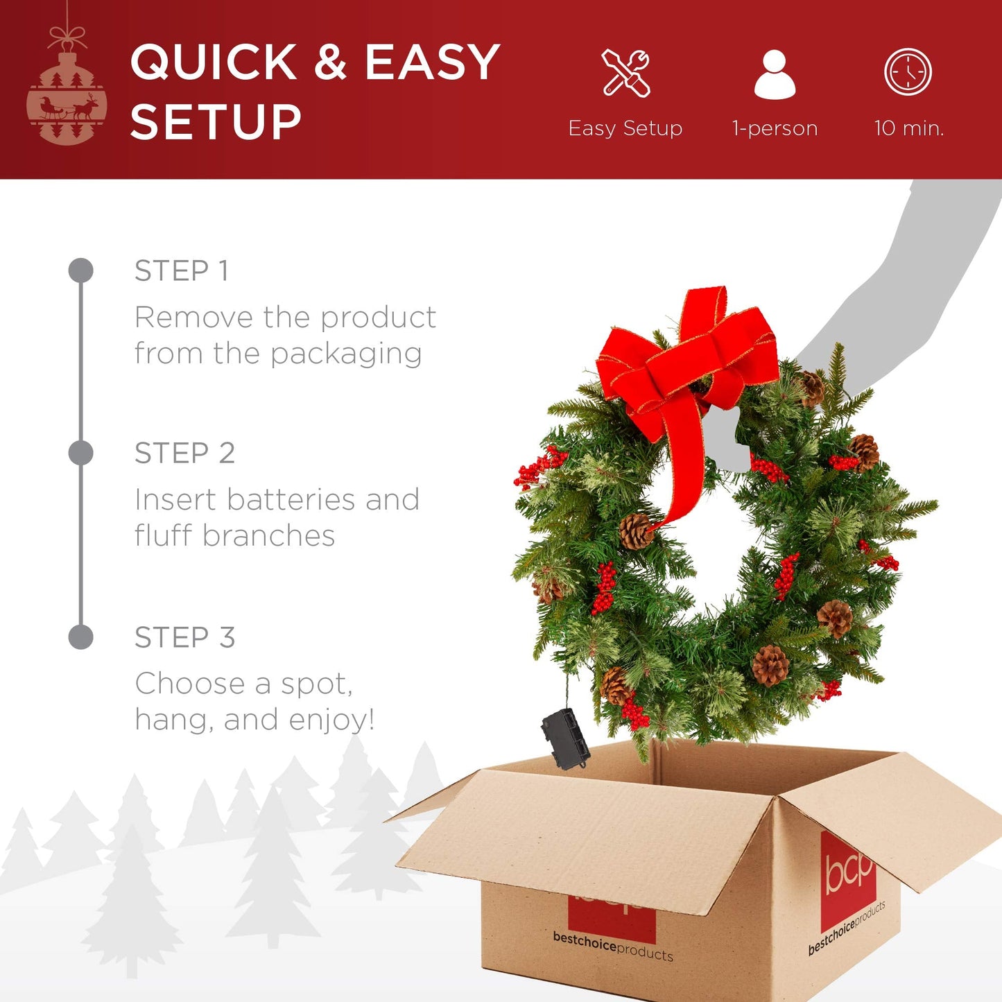 Best Choice Products 24in Pre-Lit Battery Powered Christmas Wreath Artificial Pre-Decorated Holiday Accent w/ 70 Lights, 96 PVC Tips, Ribbons, Pine Cones