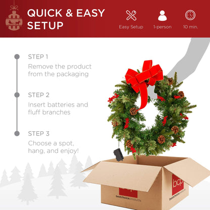 Best Choice Products 24in Pre-Lit Battery Powered Christmas Wreath Artificial Pre-Decorated Holiday Accent w/ 70 Lights, 96 PVC Tips, Ribbons, Pine Cones