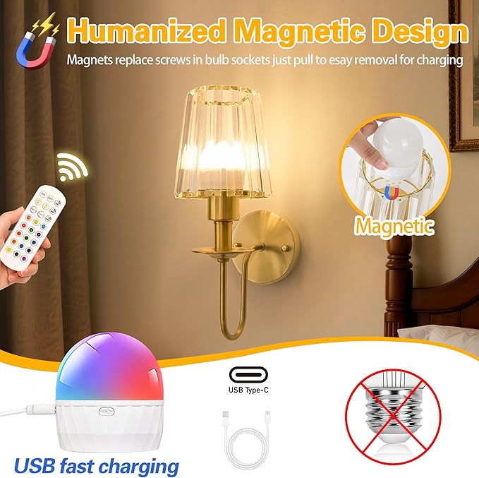Battery Operated Wall Sconces set of Two,Wireless Wall Sconces with 5000 mAh Bulb and Remote,LED 15 Colors Rechargeable Gold Wall Sconce with Crystal for Bedroom Living Room Hallway Wall Decor