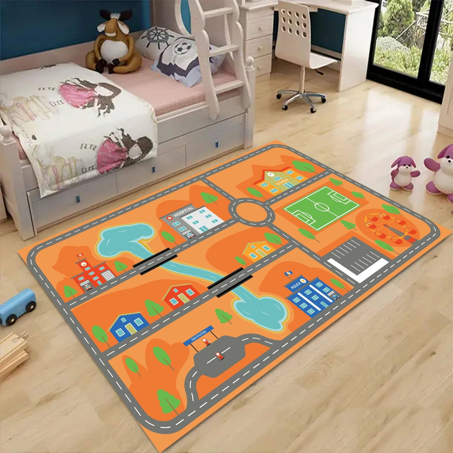 LHOMKCV Children's Play Rug, 6x8ft, Kids Car Play Rug, City Life Traffic Road Kids Rug, Children Educational & Game Area Rug, Train Rug Non-Slip Foldable Play Mat for Bedroom Playroom Nursery