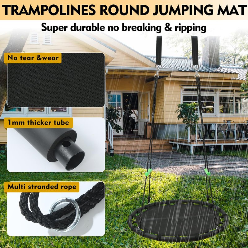 YSEJOMP Black Round Saucer Swing with Handles -Made of Sturdy Frame,PP Mat,Adjustable Multi-Strand Ropes,Safe and Durable for Yard Garden Playground Park (Black+Extra Straps, 40 inches)