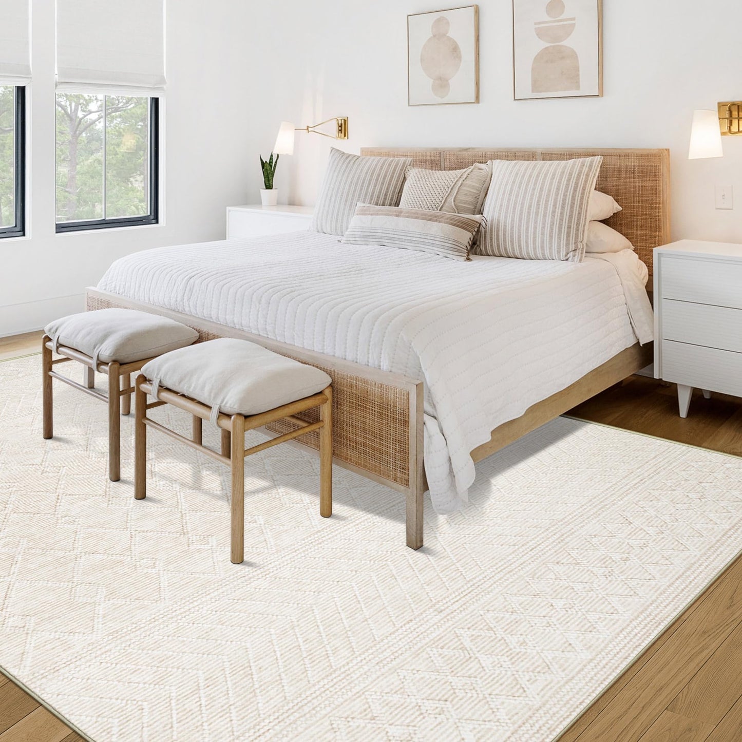 Area Rug for Living Room 9x12: Large Washable Boho Moroccan Rugs Geometric Neutral Rug, Non-Slip Foldable Morden Farmhouse Indoor Floor Carpet for Bedroom Dining Table Home(Modern Beige,9'x12')