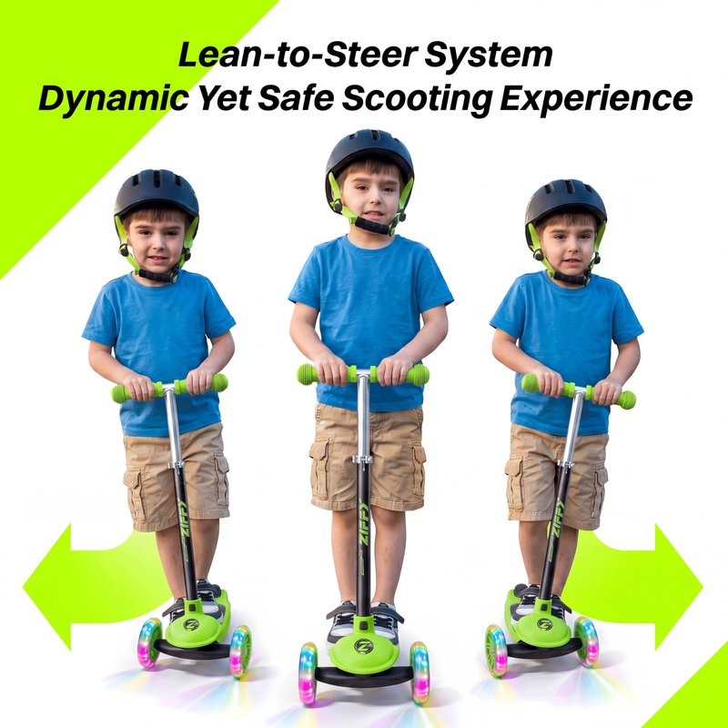JOVA ZIFFY 3 Wheel Scooter for Kids 3-5, Toddler Kick Scooters with LED Light-Up Wheels for Boys and Girls, 5 Adjustable Height and Lean-to-Steer Design, Support up to 110 lbs, Green