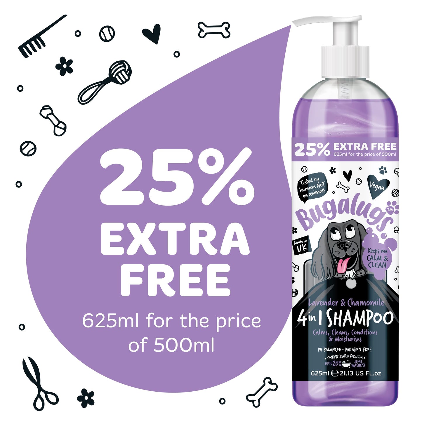 Dog Shampoo by Bugalugs lavender & chamomile 4 in 1 dog grooming shampoo products for smelly dogs, best puppy shampoo, professional groom Vegan pet shampoo & conditioner (625ml)