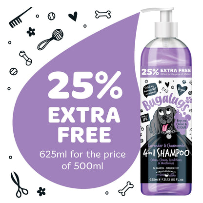 Dog Shampoo by Bugalugs lavender & chamomile 4 in 1 dog grooming shampoo products for smelly dogs, best puppy shampoo, professional groom Vegan pet shampoo & conditioner (625ml)
